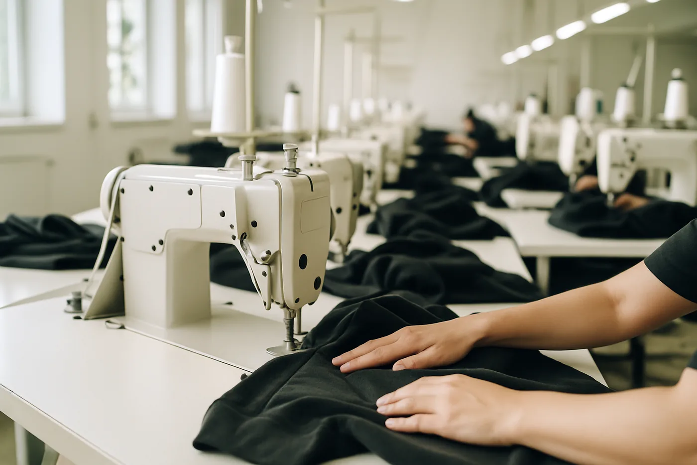 Sewing lines at the Mike Apparel streetwear factory in Sialkot